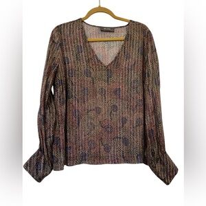 Mos Mosh Metallic Thread V-Neck Blouse | Size L (Fits M–L) | Danish Brand